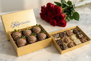 A luxury Valentine's Day gift collection featuring hand-dipped Belgian chocolate covered strawberries, a curated box of artisan truffles, and fresh red roses from The Royal Chocolate.