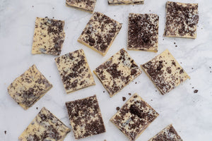  cookies and cream bars made with Belgian white chocolate from The Royal Chocolate.