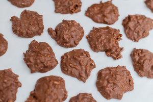 Sweet milk chocolate toasted coconut clusters, handmade fresh
