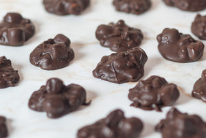 Rich Belgian dark chocolate rocky road clusters.
