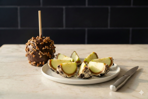 Hand-dipped Belgian chocolate and caramel gourmet apples, including one whole apple and one sliced into shareable wedges to show the crisp Granny Smith center and thick caramel layers.