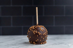 Gourmet caramel apple dipped in Belgian dark chocolate and rolled in buttery toffee bits, a premium chocolate experience