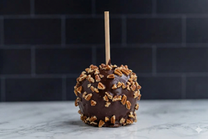 Rich Belgian dark chocolate gourmet apple with a caramel base and crunchy pecans, handcrafted in our Virginia Beach chocolate shop